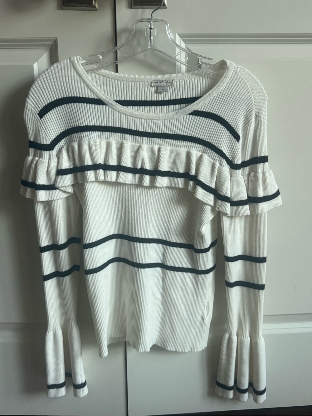 Habitual White Sweater with Navy Stripes and Ruffle Detail